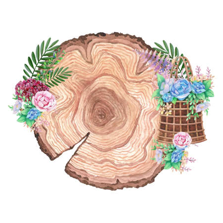 Watercolor wooden frame with spring easter decoration. Vector illustration.のイラスト素材