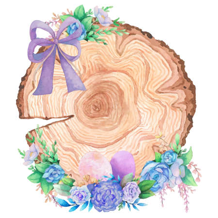 Watercolor wooden frame with spring easter decoration. Vector illustration.のイラスト素材