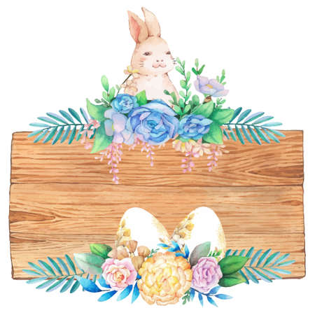 Watercolor wooden frame with spring easter decoration. Vector illustration.のイラスト素材