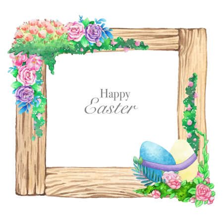 Watercolor wooden frame with spring easter decoration. Vector illustration.のイラスト素材