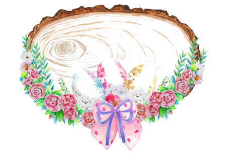 Watercolor wooden frame with spring easter decoration. Vector illustration.のイラスト素材