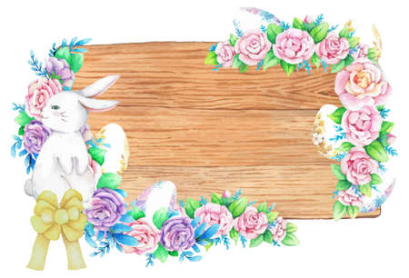 Watercolor wooden frame with spring easter decoration. Vector illustration.のイラスト素材