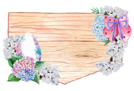 Watercolor wooden frame with spring easter decoration. Vector illustration.のイラスト素材