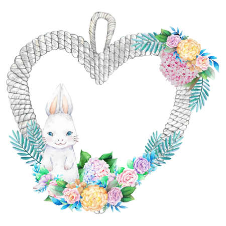 Watercolor wooden frame with spring easter decoration. Vector illustration.のイラスト素材