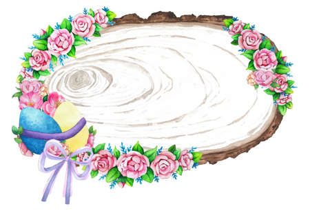 Watercolor wooden frame with spring easter decoration. Vector illustration.のイラスト素材