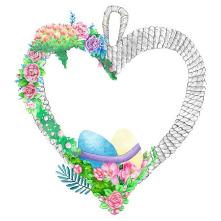 Watercolor wooden frame with spring easter decoration. Vector illustration.のイラスト素材