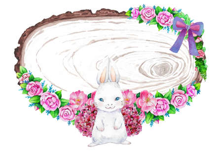 Watercolor wooden frame with spring easter decoration. Vector illustration.のイラスト素材