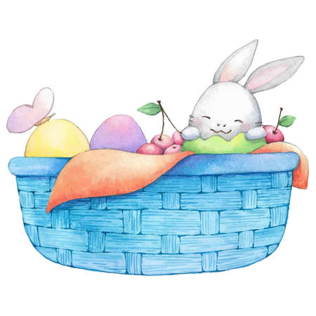 Hand drawn happy Easter basket watercolor. Vector illustrations.のイラスト素材