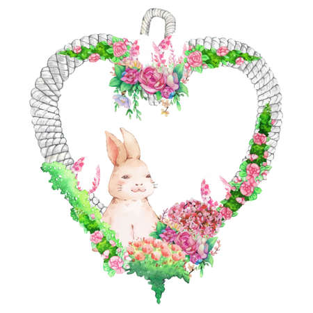 Watercolor wreath frame with spring easter decoration. Vector illustration.のイラスト素材