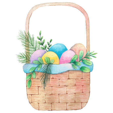 Hand drawn happy Easter basket watercolor. Vector illustrations.のイラスト素材