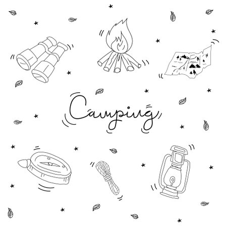 Camping doodle set. Hand drawn camping elements. Vector illustrationのイラスト素材