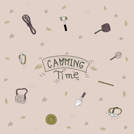 Hand drawn doodle camping equipment icons set. Vector illustration.のイラスト素材