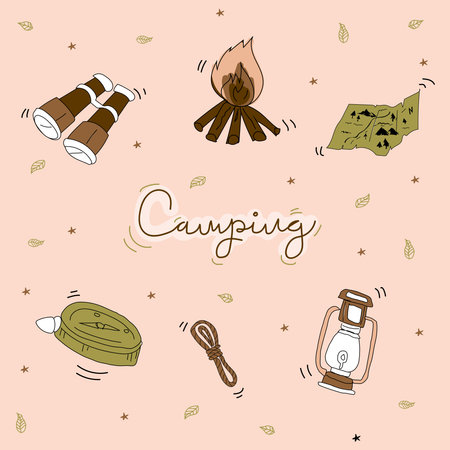 Camping hand drawn doodle icons set. Vector illustration.のイラスト素材