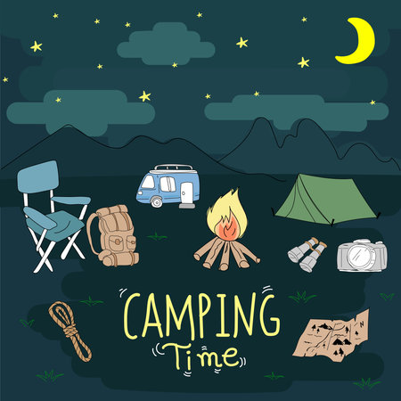 Camping time. Vector illustration in flat style. Camping poster.のイラスト素材
