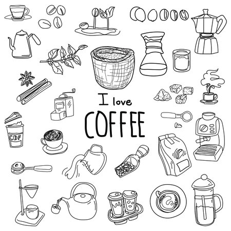 Hand drawn doodle set of coffee related items. Vector illustrationのイラスト素材