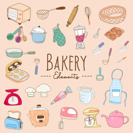 Kitchen hand drawn doodle icons set. Vector illustration.のイラスト素材