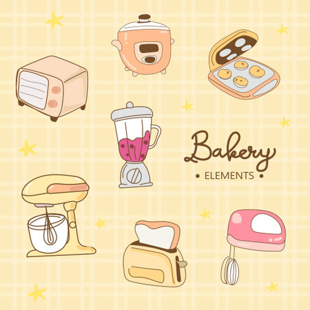 Set of cute hand drawn kitchen icons. Vector illustration in vintage styleのイラスト素材