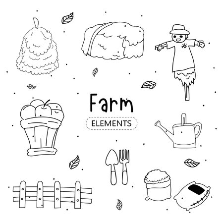 Hand drawn doodle set of farm elements. Vector illustration.のイラスト素材