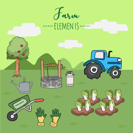 Vector illustration of a vegetable garden with a tractor and watering can.のイラスト素材