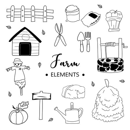 Hand drawn doodle set of farm elements. Vector illustration.のイラスト素材
