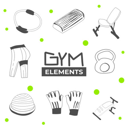 Vector set of fitness equipment icons. Gymnastics, yoga, pilates, dumbbells, jump rope, earphones, kettlebell.のイラスト素材