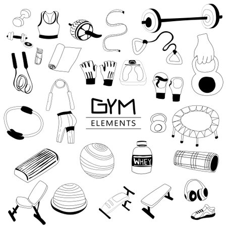 Vector set of fitness equipment doodle icons. Isolated on white background.のイラスト素材