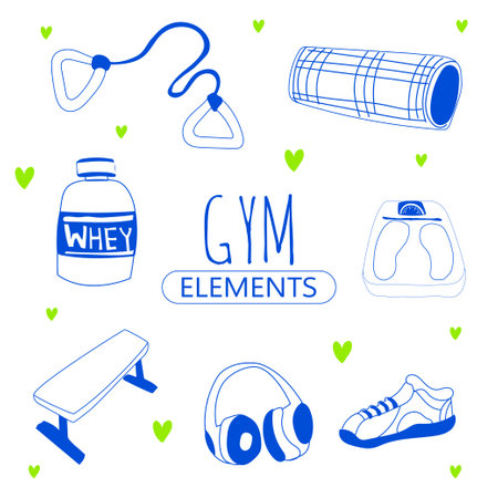 Vector set of gym icons. Collection of gym equipment. Vector illustration.のイラスト素材