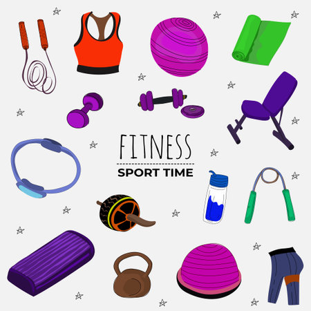 Fitness icons set with sport equipment and gym equipment isolated vector illustrationのイラスト素材