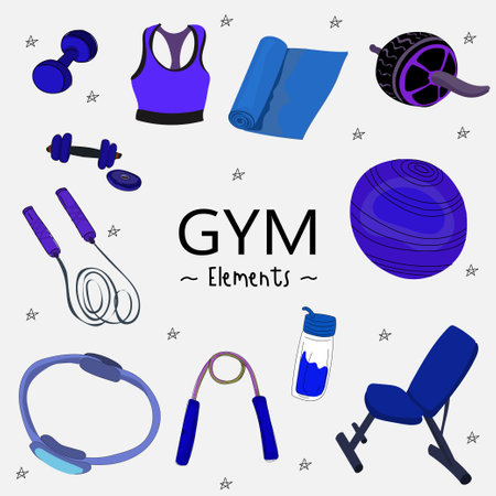 Set of fitness equipment. Vector illustration in flat style. Gym and healthy lifestyle.のイラスト素材