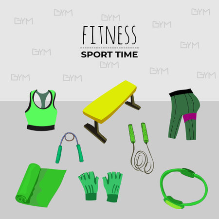Fitness sport equipment set. Gym equipment. Vector illustration in flat styleのイラスト素材