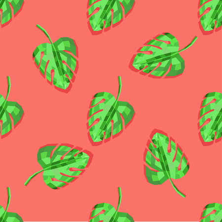 Modern seamless vector pattern with exotic leaves in polygonal style on coral color background.のイラスト素材