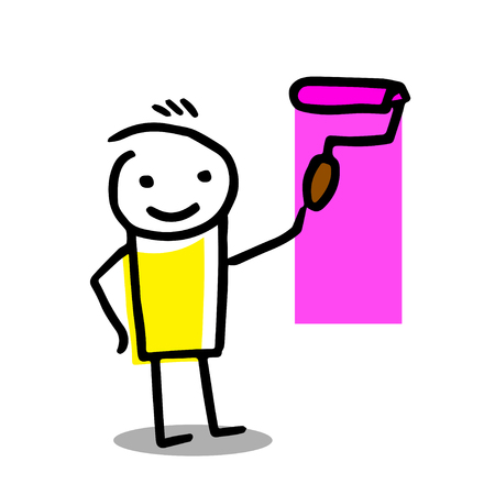 Happy worker stick figure character painting a wall with an applicator. Home repair concept.の写真素材