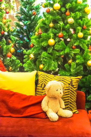 Alone teddy bear sit on red seat in front of Christmas tree.の写真素材