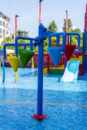 Colorful waterpark tubes and pool in tropical aquapark.のeditorial素材