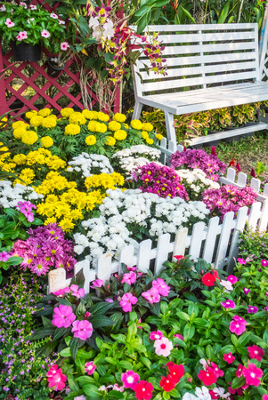 White wooden chair in the flowers garden.の写真素材