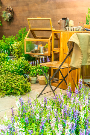Gardening tools and cabinet in relax garden.の写真素材