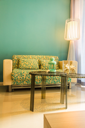 Interior of stylish sofabed with cushions in a modern livingroom.の写真素材