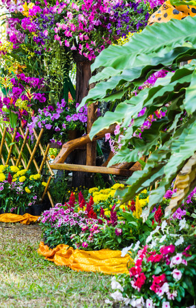 Wood chair in the flowers garden on summer.の写真素材