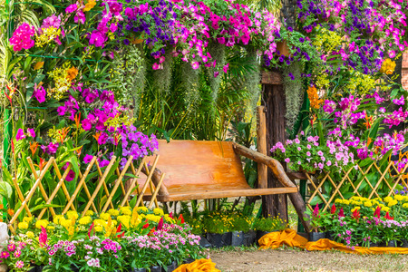 Wood chair in the flowers garden.の写真素材