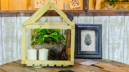 Relaxing area with garden object decoration on shelf in cozy garden.の写真素材