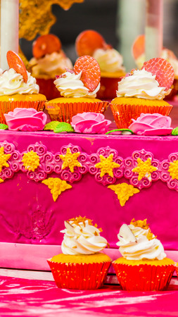 Sweet beauty flower and topping pastel color on weddinng cake decoration.の写真素材