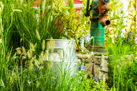 Artesian well and bucket in cozy garden.の写真素材