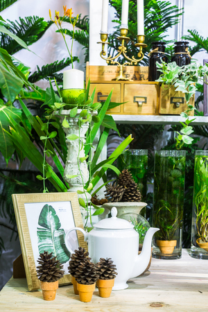 Relaxing area with garden object decoration on table in cozy garden.の写真素材
