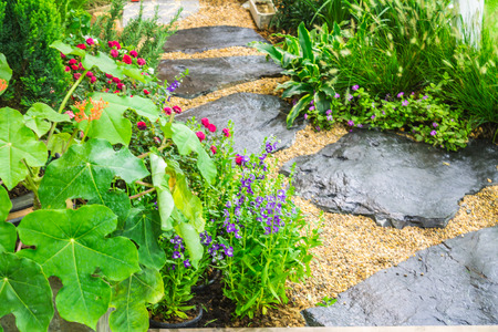 Topview black stone pathway and flower in cozy garden.の写真素材