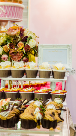 Sweet beauty flower and topping pastel color on weddinng cake decoration.の写真素材