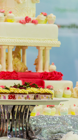 Sweet beauty flower and topping pastel color on weddinng cake decoration.の写真素材