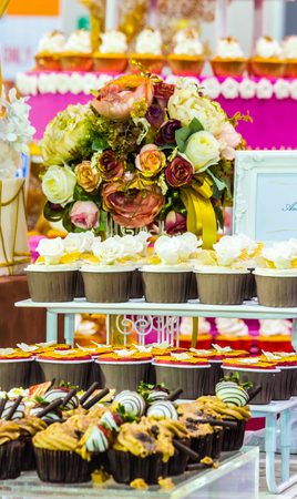 Sweet beauty flower and topping pastel color on weddinng cake decoration.の写真素材