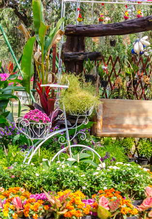Topview vintage bike planter in home flowers garden on summer.の写真素材