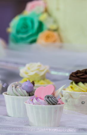 Sweet beauty flower and topping pastel color on weddinng cake decoration.の写真素材