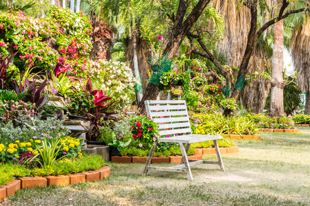 White chair in cozy flower garden on summer.の写真素材